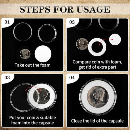 63PCS Silver Dollar Coin Holder, Clear Coin Capsules, Coin Holders for Collectors, Plastic Coin Case for Morgan Silver Dollar, Coin Protectors with Adjustable Gasket (17/20/25/27/30/33/38/40mm)