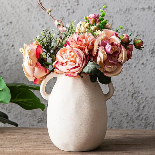 Kimdio White Ceramic Vase with 2 Handles – Sand-Glazed Clay Pottery Vase for Dried Flowers, Rustic Modern Table Decor, Farmhouse Boho Shelf Decoration