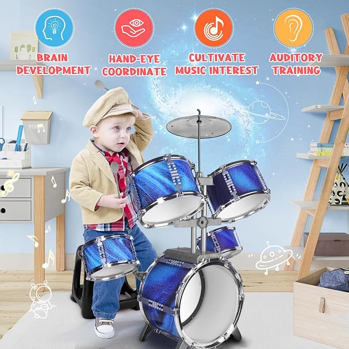 Kids Drum Set for Toddlers 1-3 Musical Jazz Drum with Stool Toys for 2-5 4-6 5-7 Boys Girls Birthday, Blue