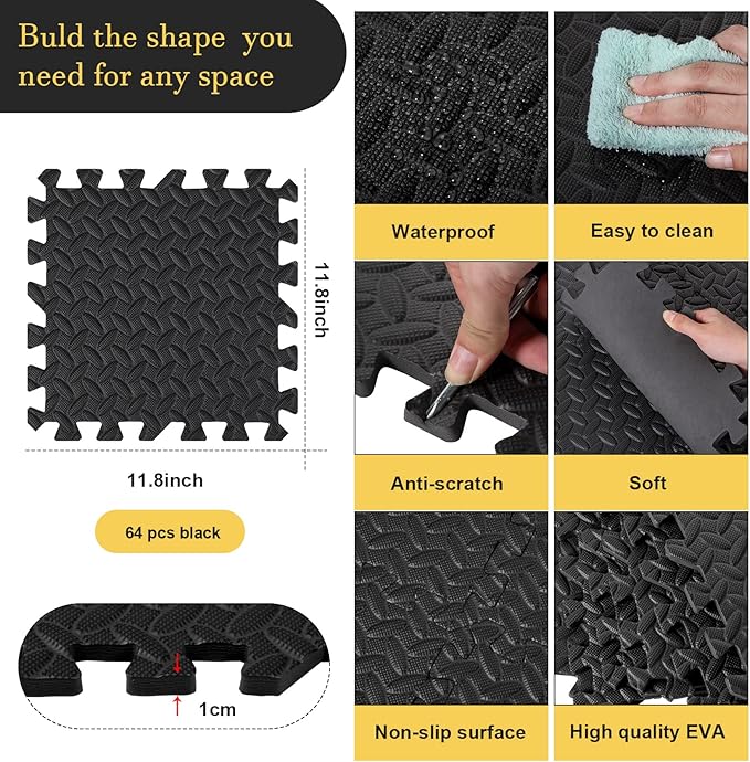 Shihanee Foam Floor Baby Tiles Foam Floor Mats Play Mats Bulk with Borders Interlocking for Kids Baby Playroom Nursery Gym (Black,64ft)