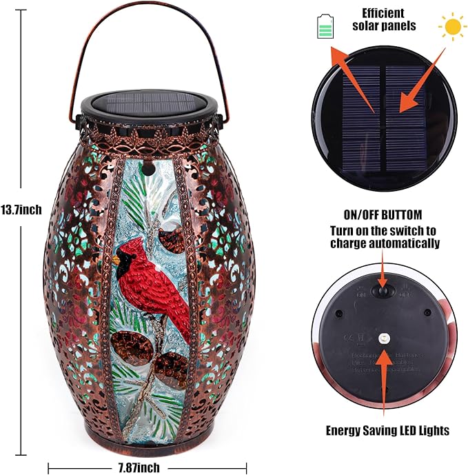 Outdoor Solar Lantern-Waterproof Cardinal Hanging Metal Decorative Lights for Patio Table Garden Pathway Yard with Super Bright Warm White LED, Large Solar Panels, Auto On/Off Sensor