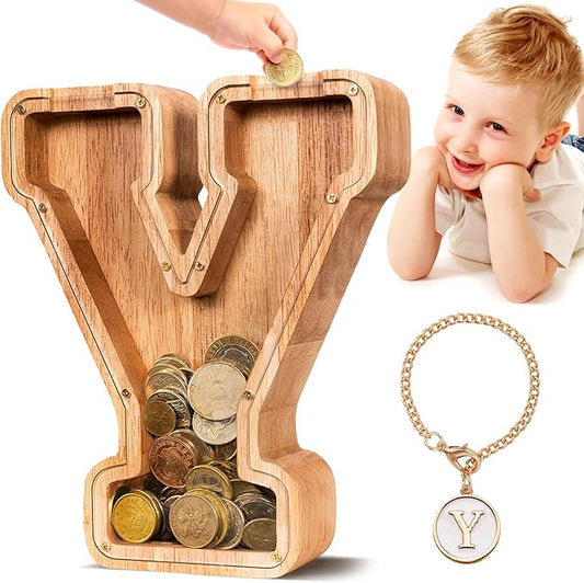SummiDate Wooden Letter Piggy Bank| Piggy Bank for Boys Girls Toddler| Alphabet Y Money Bank| Coin Bank Birthday Gift for Kids|Birthday Gift for Kids (Y)