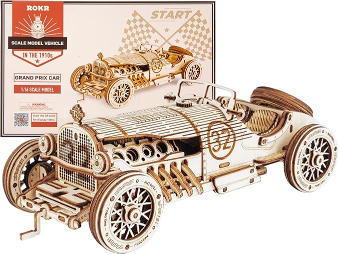ROKR 3D Wooden Puzzle for Adults Mechanical Car Model-DIY Building Vehicle Kits-Brain Teaser Toys-Gift for Men Women on Birthday/Christmas Day(Grand Prix Car)