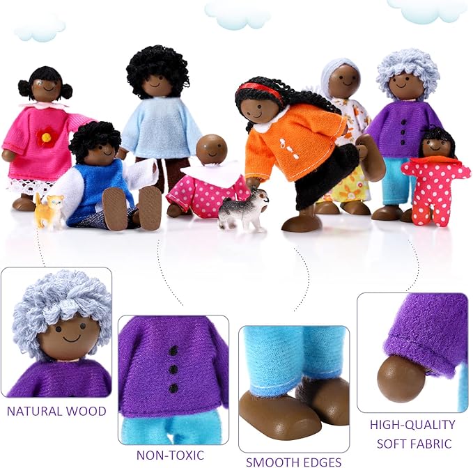 Skylety 10 Pcs Wooden Dollhouse Set of Mini People Figures Dollhouse Dolls Wooden Doll Play Figures Accessories(Cute Style)