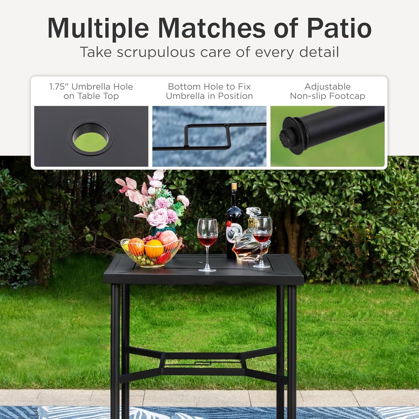 PHI VILLA 3 Piece Patio Bar Set,Outdoor Bar Table and Chairs Set, Strong and Heavy Duty Outdoor Bar Set with Cushion and Pillow，2PC Swivel Bar Stools with Square Bar Height Table