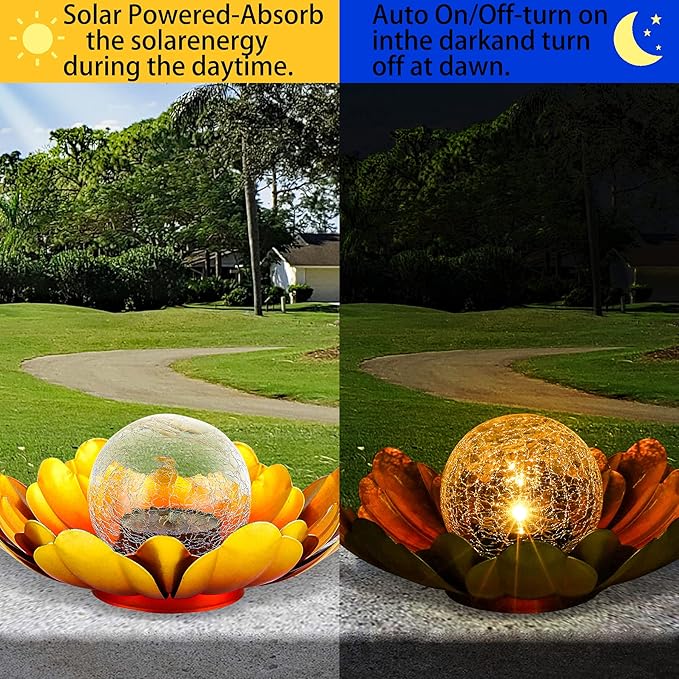 Solar Flower Light Outdoor Christmas Decorative,Garden Solar Powered Lights,Yard Solar Glass Ball Light with Metal Petal for Tabletop Decor Birthday Gift for Her,Christmas Gifts for Women