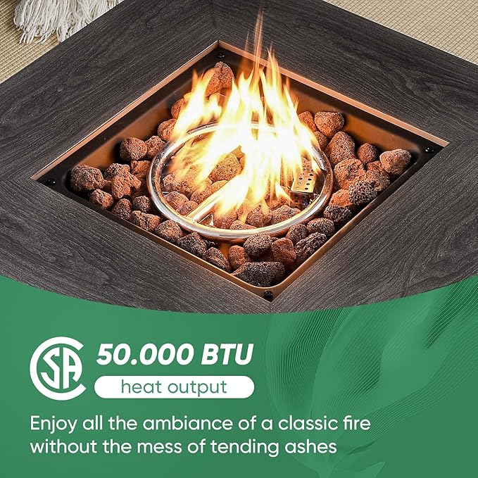 Outdoor Patio Furniture Set with 50000BTU Propane Fire Pit Table, 4 Pieces Wicker Patio Conversation Set with 2 Swivel Rocker Glider Chairs Rattan Sofa Beige Cushion Perfect for Gathering