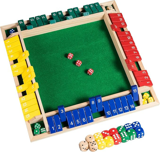 Upgraded 16.54'' Shut The Box Dice Game 4 Player-Colorful Wooden Close The Box Game with 15 Numbers + 16 Dices- Tabletop Math Board Game Kids & Adults