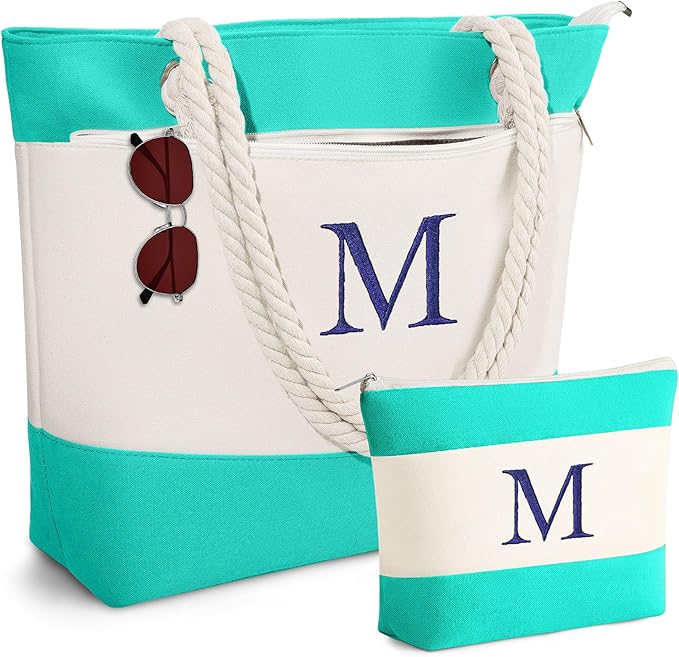 YOOLIFE Beach Bags for Women - Initial Tote Waterproof Bag with Makeup Bag, Mothers Day Gifts for Women Mom Friend Birthday