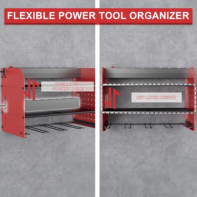 Power Tool Organizer with Charging Station, 6 Drill Holder Wall Mount, 3 Layer Garage Tool Organizer with Hooks, Screwdriver, Drill Bit Rack, Heavy Duty Utility Shelf for Garage, Gifts for Men