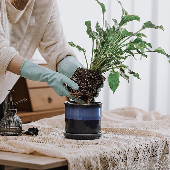 6 Inch Plant Pot: Ceramic Planter with Drainage Hole & Saucer for Indoor Outdoor Plants - Flowerpot with Bonded Tray for Home Office - Blue Reactive Glaze