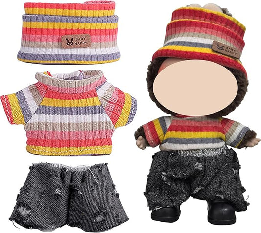 Clothes Set Compatible with 17cm Doll, Rainbow Hat and Overalls Set for mini Dolls Accessories Suit, Cute Clothes for 15cm Doll Dress up Unique Style (C)