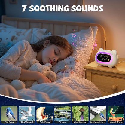 Honesorn Alarm Clock for Kids, Ok to Wake Clock for Kids, Cute Cat Kids Alarm Clock for Girls Boys Toddler, Kids Clock with 10 Night Lights, 7 Soothing Sounds, Auto-Off Timer, Child Lock, Cream White