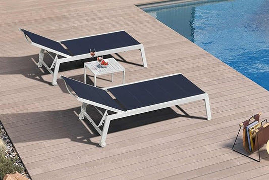 PURPLE LEAF Outdoor Chaise Lounge Set Adjustable Sunbathing Recliner with Side Table for Beach Poolside Outside Patio Aluminum Chaise Lounger Navy Blue
