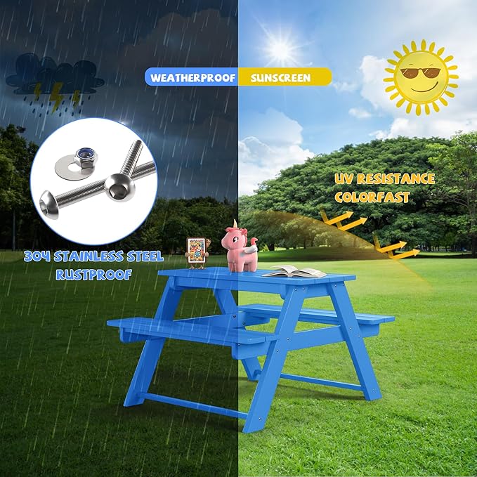 Costaelm Kids Picnic Table, HDPE All Weather Outdoor Toddler Picnic Table and Chair Set Kids Bench for Patio, Backyard, Garden, Lawn, Pacific Blue