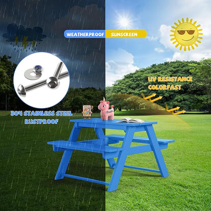 Costaelm Kids Picnic Table, HDPE All Weather Outdoor Toddler Picnic Table and Chair Set Kids Bench for Patio, Backyard, Garden, Lawn, Pacific Blue