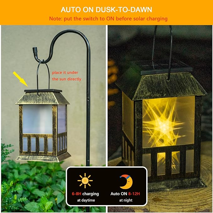 Solar Lanterns Outdoor Waterproof, 3D Star Light with Flashing Mode, Solar & USB C Charging, Metal Hanging Lantern for Wall Landscape Yard Patio Driveway Garden Decor, Warm Light 2 Pack