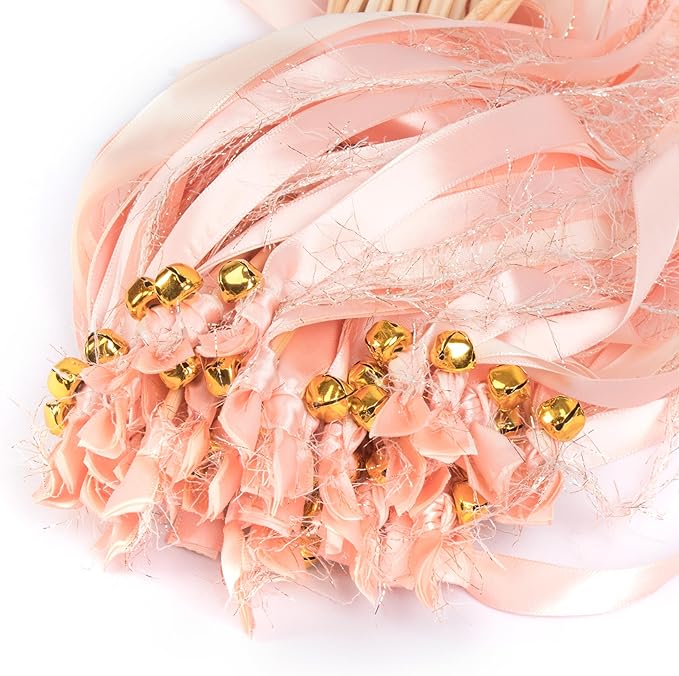 100 Pieces Wedding Ribbon Sticks Wands with Bell, Pink Champagne Ribbon Streamer Silk Fairy Wand for Wedding Send Off Idea, Bridal Shower and Ceremony Exit Event