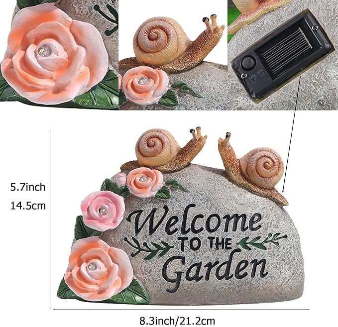 Snail Garden Statue Outdoor Decor Art Solar LED Light Welcome Sign Sculpture Auspicious Snail Resin Figurine Yard Porch Patio Lawn Decorations Housewarming Gifts for Mom Grandma Women