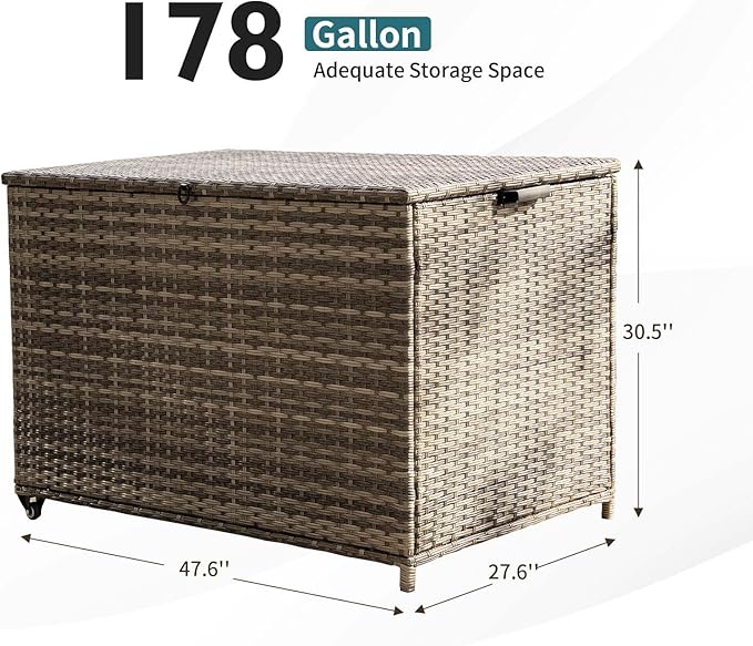 178 Gallon Outdoor Storage Box, Patio Deck Box with 2 Wheels, Handle Large Portable Wicker Rattan Deck Box for Patio Furniture Cushions, Throw Pillows, Garden Tools and Pool Floats (Gray)