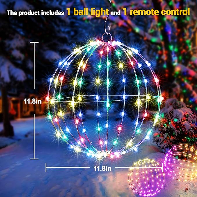 Smart RGB Outdoor Hanging Ball Lights - 11.8 inch 108LED Outdoor Color Changing Decorations Lights,Bluetooth APP Remote Control Dimmable Waterproof Globe Fairy Lights 1 Pack