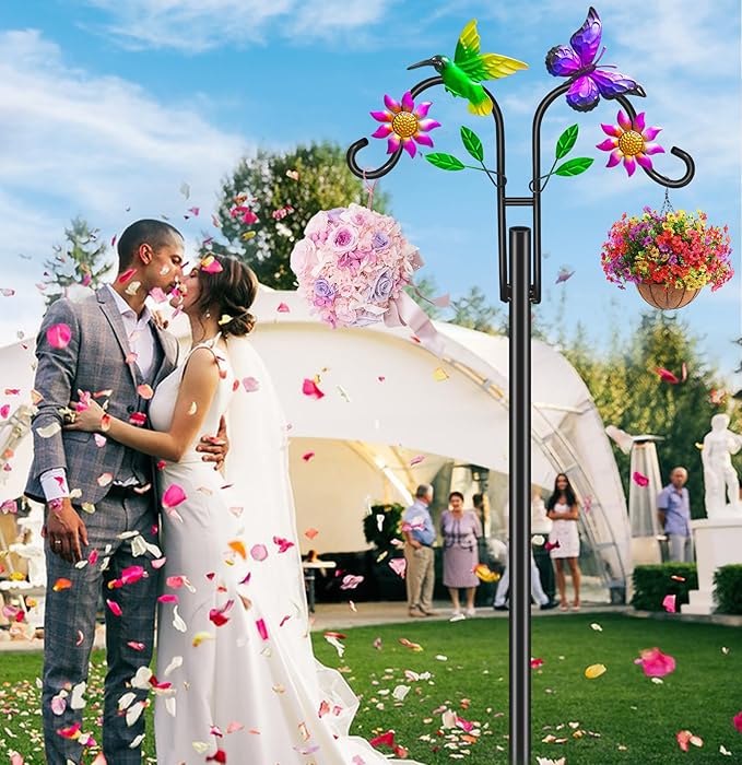 Double Shepherds Hooks for Outdoor, 78 Inch Artistic Hummingbird & Flower Design, 5 - Prong Base, Ideal for Bird Feeders, Baskets & Lanterns (2 Pack)