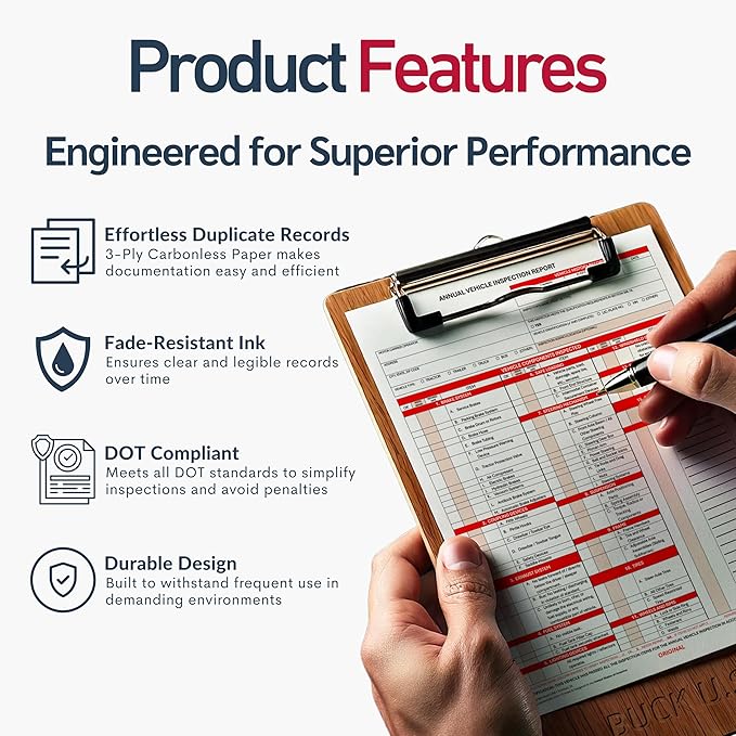 5 Pack 3-Ply Carbonless Annual Vehicle Inspection Report Forms with FMCSA 2-Ply Mylar Laminate Adhesive Vinyl Labels, DOT Inspection Forms and Stickers, Shrink-Wrapped, 8.5" x 11.75" - Made in USA