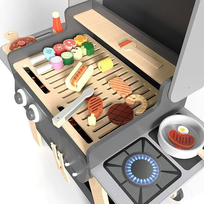 Kids BBQ Grill Playset Toy for Toddlers & Children Ages 3-8, Wooden Outdoor Indoor Pretend Play Cooking Toys with Toy Food and Grilling Tools, for Girls & Boys