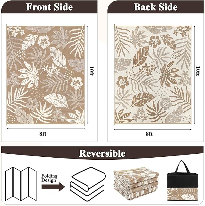 Pauwer Waterproof Outdoor Rug 8x10, Reversible Plastic Straw Patio Camping Rug, Indoor Outdoor RV Mat Carpet for Deck, Camper, Porch, Balcony, Backyard, Picnic, Floral Brown