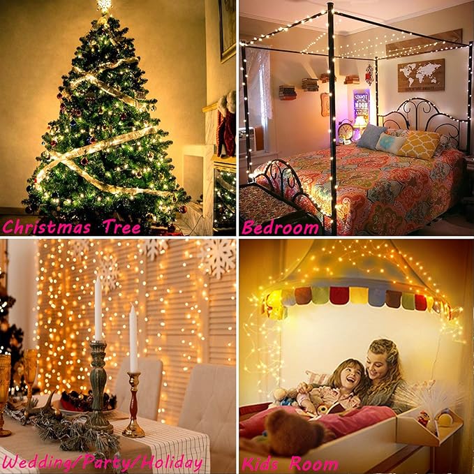 RUICHEN Warm White Dimmable Fairy Lights Plug in, 99 Ft 300 LED Twinkle String Lights with Remote, Waterproof Silver Wire Firefly Lights for Bedroom, Patio, Yard, Christmas, Wedding, Party