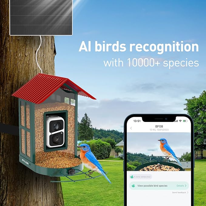 SOLIOM Solar Bird Feeder with Camera for Outdoors - AI Smart Birdhouse, 2K Live View & Instant Alerts, Squirrel Proof - Perfect Bird Watching Gift (Red)