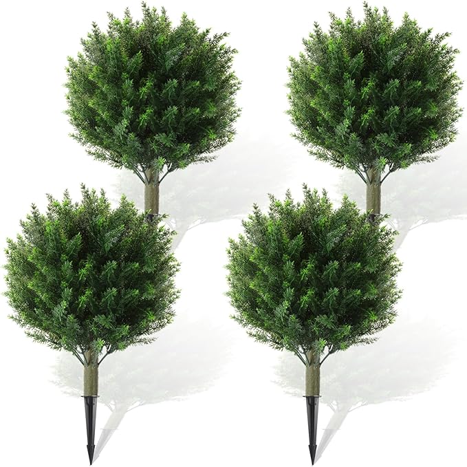 Yunlly 4 Pcs Artificial Cedar Topiary Ball Fake Tree 18" Bush Front Porch Decor Artificial Shrubs for Outdoors Faux Cypress with Ground Spike, Evergreen Plants for Indoor Garden Patio, UV Resistance