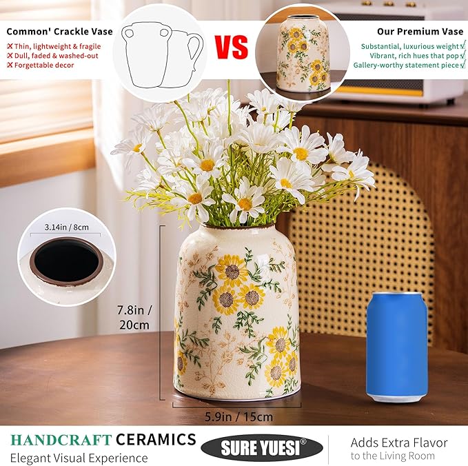 Sunflower Green and Beige Vase, Yellow Ceramic Vintage Vase Cottage Core Home Decor, Cute Floral Centerpiece Vases for Living Room, Bedroom, Kitchen, Table Grand Millennial Decors, Tuscan Decor 7.8In