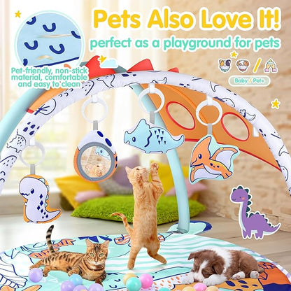 5-in-1 Baby Play Mat - Dinosaur Themed Activity Gym for Babies 0-6 Months with Ball Pit, Detachable Sensory Toys, Pillow, Machine Washable