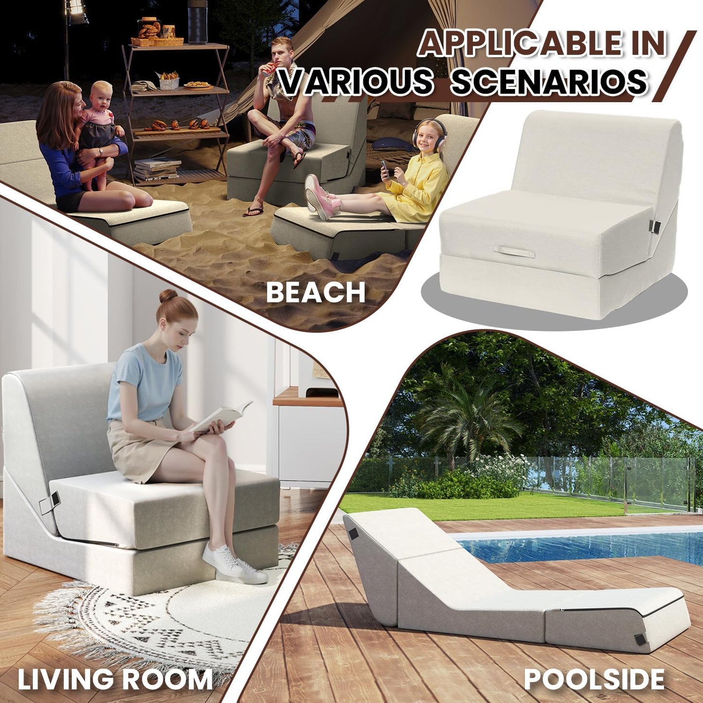 jela Outdoor Chaise Lounge, Waterproof Folding Sofa Bed Lounge Chair, UV Resistant Folding Lounge Chair with Machine Washable Cover, Soft Foam Patio Sofa Chairs Pool Lounge Chaise Chairs (Sand)