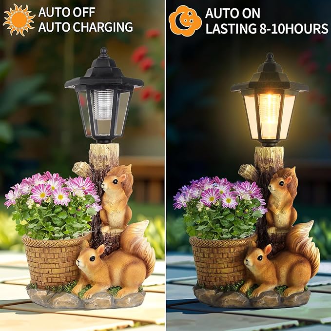 Solar Squirrels Outdoor Statues, Garden Sculptures with Flowerpot Decor & Solar Lantern for Yard Art Lawn Ornaments Porch Patio Balcony - Birthday Gifts for Women Mom