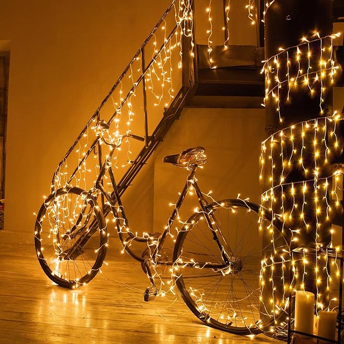 Icicle lights Outdoor - 33ft Christmas Lights with 400LED 75 Drops 8 Modes, Plug in Curtain String Lights Waterproof for Holiday Wedding Party Home Garden Bedroom Indoor Outdoor Decoration,Warm White