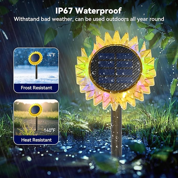 Hogni 4PK Solar Garden Lights, Ground Stake/Hang 2 in 1 Solar Sunflowers Outdoor Waterproof IP67, Outdoor Decor for Pathway Walkway Landscape Backyard Fence Decoration
