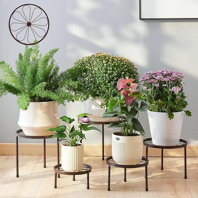 Plant Stand,5 Pack Heavy Duty Flower Pot Stands,Metal Decoration Racks,Round Plant Shelf for Planter Outdoor and indoor (Brown)