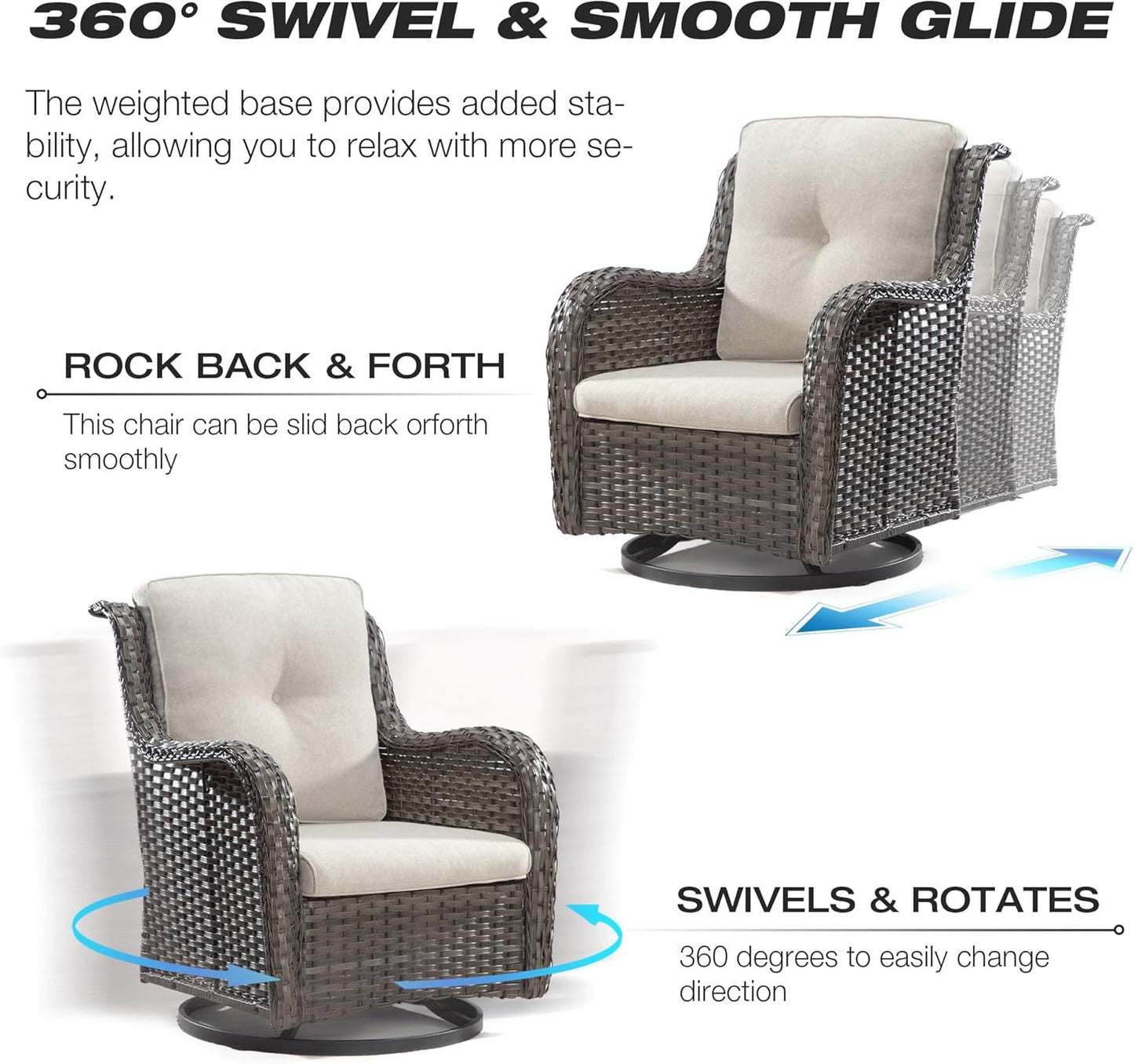 Joyside Wicker Patio Furniture Set 6 Piece Set with 1 Three-Seat Sofa, 2 Swivel Rocker Chairs, 2 Ottomans and 1 Side Table, Outdoor Furniture Patio Conversation Sets(Mixed Grey/Beige)