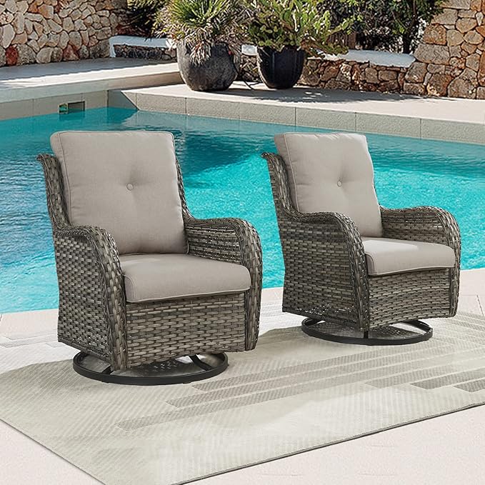 Outdoor Patio Swivel Rocker Chairs - Single Wicker Rattan Patio Swivel Rocking Chair with High Back,Deep Seating and Comfort Cushions for Deck Porch Garden,Mixed Grey/Grey