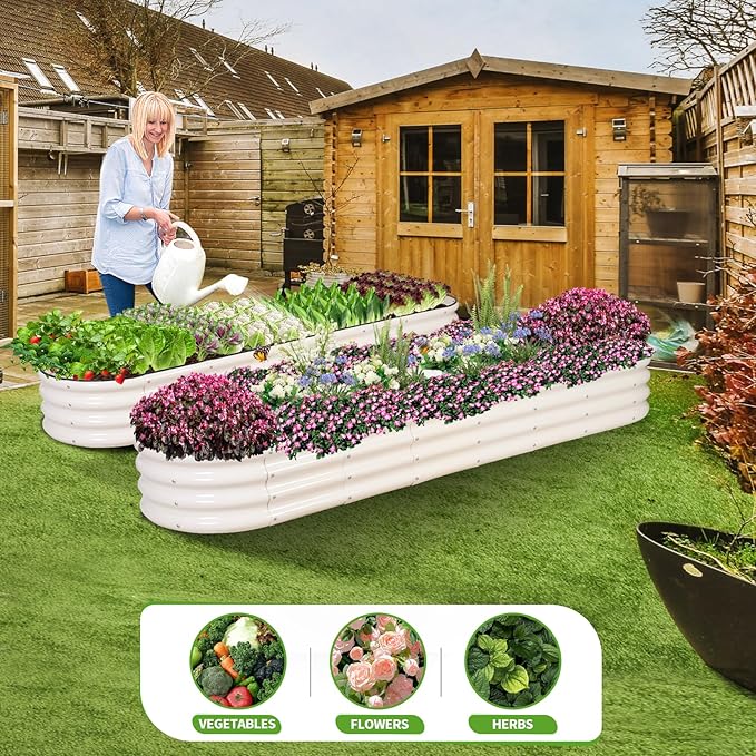 Galvanized Raised Garden Bed - 8x2x1FT Metal Planter Boxes Outdoor | Oval Steel Raised Bed Kit for Gardening with Protective Tape, Bracing Rods, Gloves for Vegetables, Flower, Herb (White)