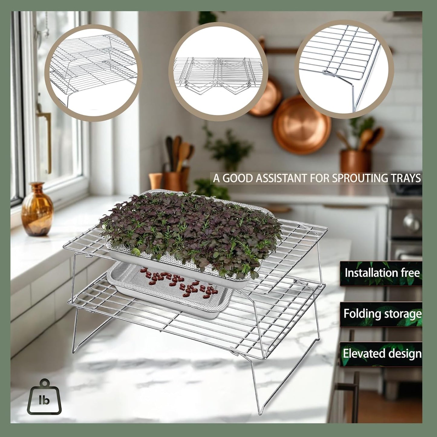 Sprouts Growing Rack 2-Tier 14 inch Shelf, Metal Foldable Plant Stand for Sprouting Tray Indoor, Seed Starting Tray Plant Shelf, Silver Rack for Kitchen Table Top Space Saving