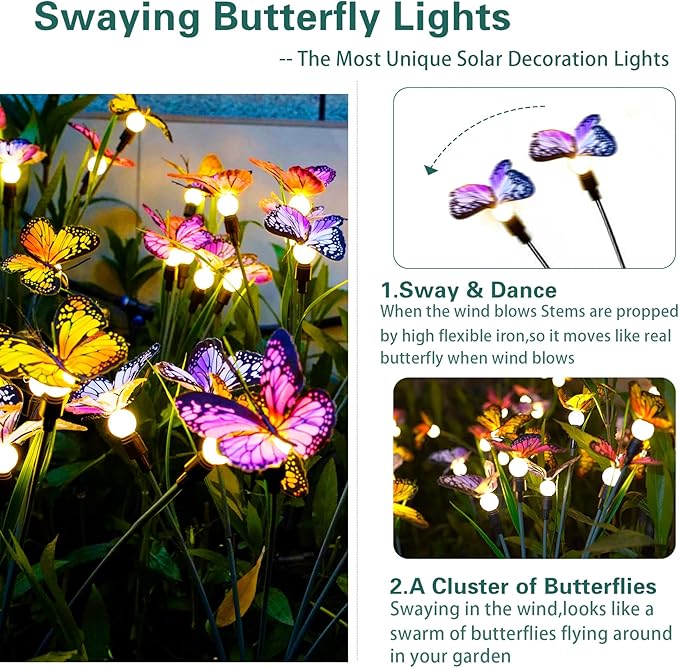 TONULAX Solar Garden Lights - Swaying Butterfly Light, Swaying in The Wind, Solar Outdoor Lights, Yard Patio Pathway Decoration, High Flexibility Iron Wire & Realistic Butterflies (6 Pack)