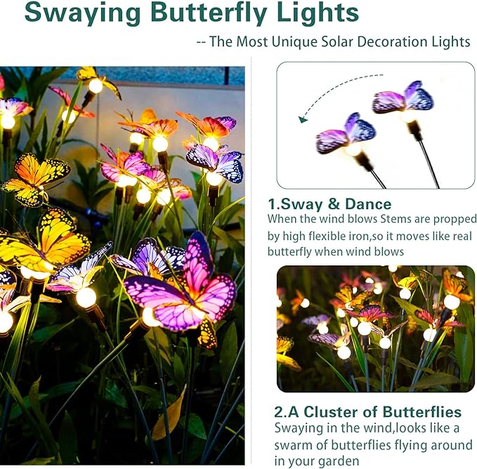 TONULAX Solar Garden Lights - Swaying Butterfly Light, Swaying in The Wind, Solar Outdoor Lights, Yard Patio Pathway Decoration, High Flexibility Iron Wire & Realistic Butterflies(4 Pack)
