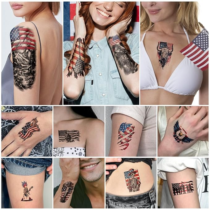 77 Sheets Independence Day Temporary Tattoo for Women Men, 17 Half Arm 4th of July Fake Tattoos, 60 Tiny American Flag Eagle Dog Cat Cow Memorial Labor Day Patriotic Body Tattoos