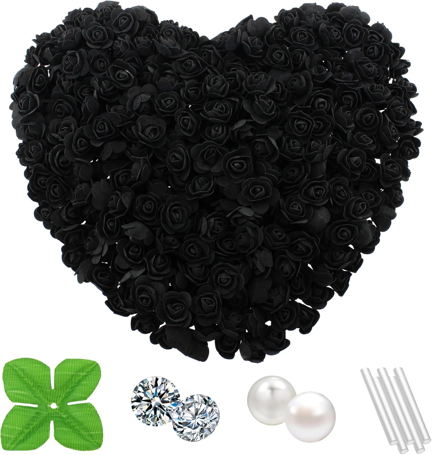 500 Pcs 1.4 Inch Mini Artificial Flowers Head Bulk 5 in 1 Set Faux Foam Fake Small Rose Tiny Baby Flores Bouquet Cake Gift Home Decoration DIY Craft (Black)