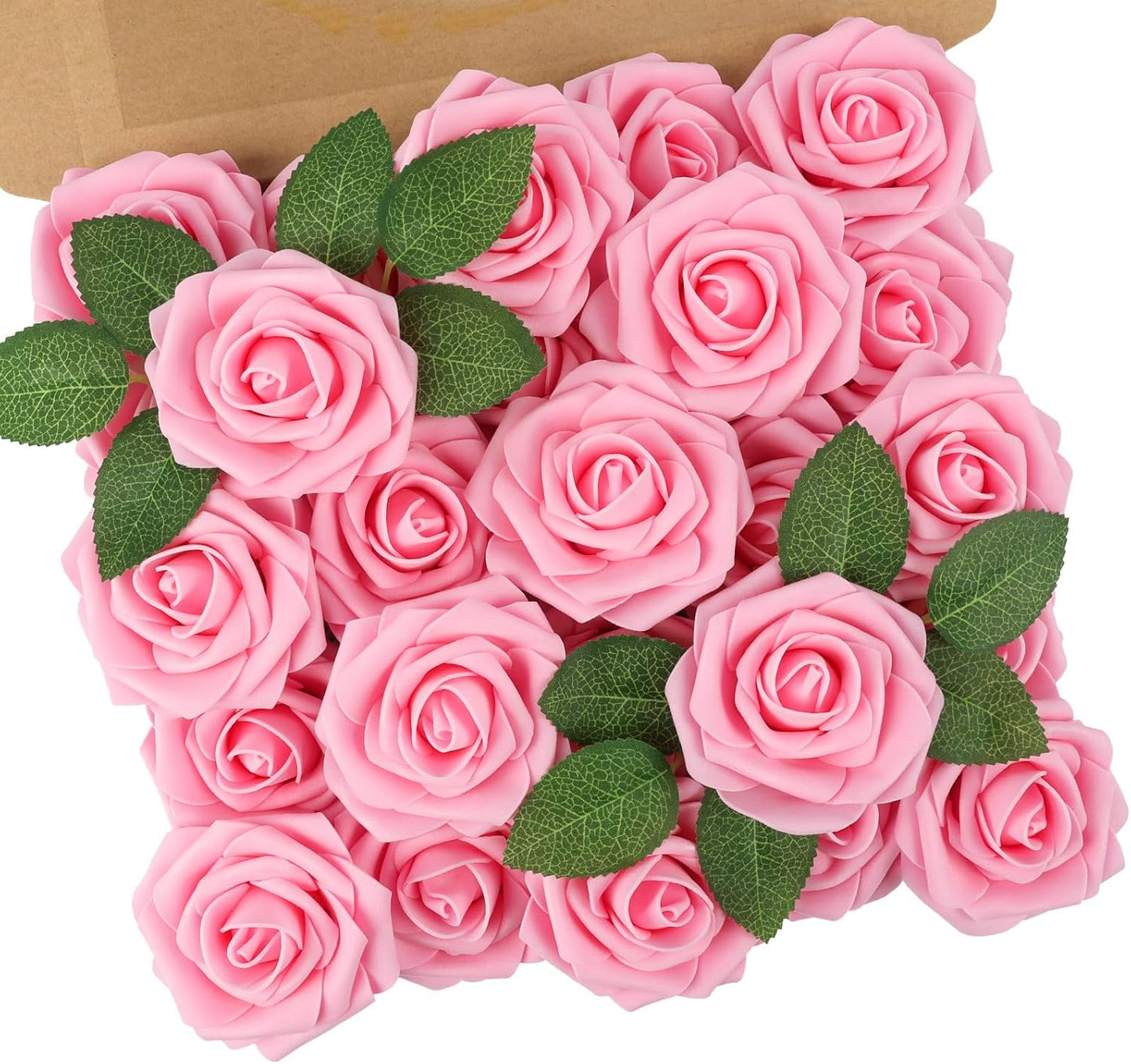 N&T NIETING Artificial Flowers Pink Roses, 25Pcs Fake Flowers Foam Roses with Stems for DIY Wedding Bridesmaid Bridal Bouquets Centerpieces Party Home Decoration Baby Shower