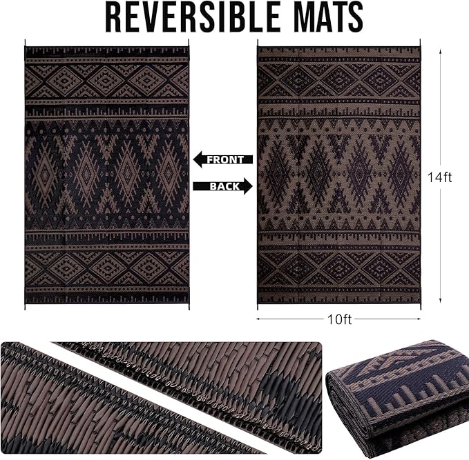 OLANLY Outdoor Rug Waterproof 10x14 ft, Reversible Outdoor Plastic Straw Rug, Boho Patio Rug, Indoor Outdoor Carpet, RV Mat Outside for Patio, Camp, Picnic, Balcony, Deck, Backyard, Black & Brown