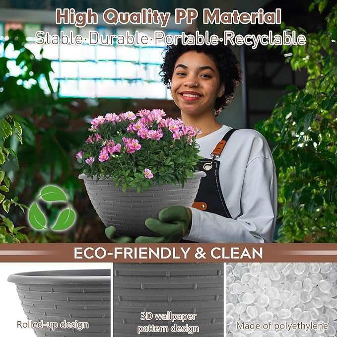 Quarut Large-Planter-Indoor-Outdoor Plant Pots, 12 inch 4 Pack Flower Pots with Saucer and Drainage Holes, Modern Planters for Planting Medium Large Plants,Decorative Resin Garden Pots(Grey)